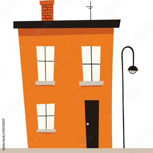 Whimsical orange building with black trim, featuring a chimney and street light. A cartoonish representation of a house in an urban area.