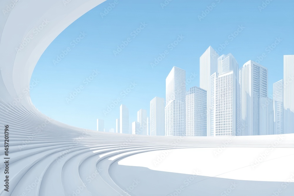 Fototapeta premium Futuristic white cityscape with modern high-rise buildings and curved architecture on a minimal background, perfect for technology, innovation, and urban planning concepts.