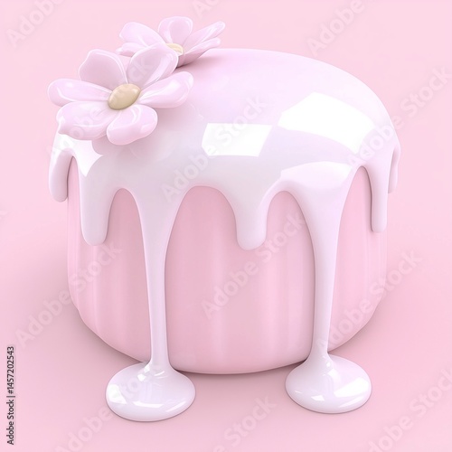 Glossy pastel pink cake with white dripping icing and fondant flowers – ideal for dessert branding, birthday cards, or 3D confectionery illustrations