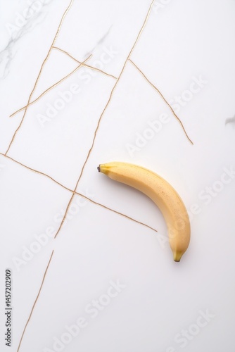 Single banana on white marble with gold veining – minimalist food composition for health, design, and editorial use