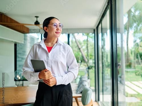 real estate business agent woman investment house home property client buying female estate sale real realtor broker showing mortgage new purchase contract businesswoman tablet asian office