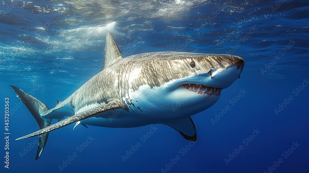 Fototapeta premium Majestic great white shark swimming underwater in blue ocean