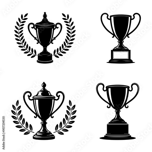 Trophy Cup Silhouette Set Black Vector Collection of Award and Champion Cups