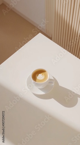 Minimalist cappuccino in sunlight on cream table – modern morning coffee aesthetic for lifestyle and branding use