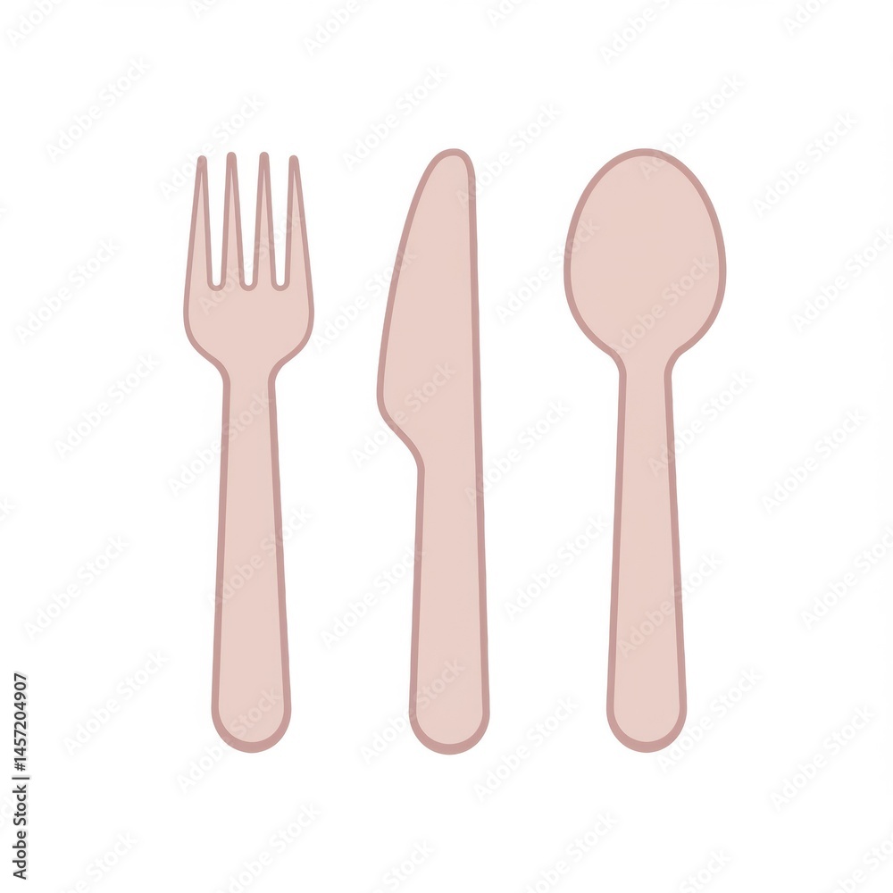 Pale Pink Wooden Fork Knife Spoon Set on White Pale Pink Wooden Fork Knife Spoon Set on White