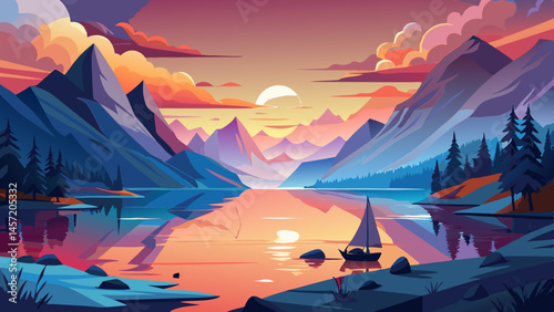 Serene Fjord Sunset with Misty Mountains and Water Reflections