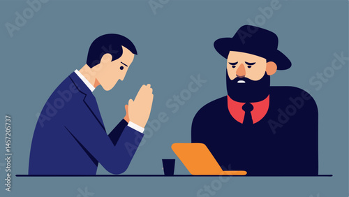 Hands on the Table A side view of a suspect with hands dramatically p on the table palms down confessing as the detective takes notes highlighting the emotional weight of the