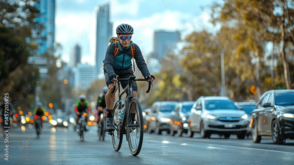 Fototapeta premium City cyclist navigating busy street
