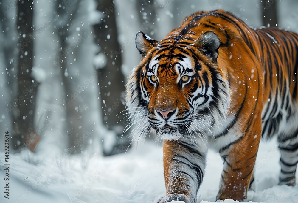 Obraz premium a majestic siberian tiger strides purposefully through a snowy forest, its piercing gaze fixed directly at the viewer.