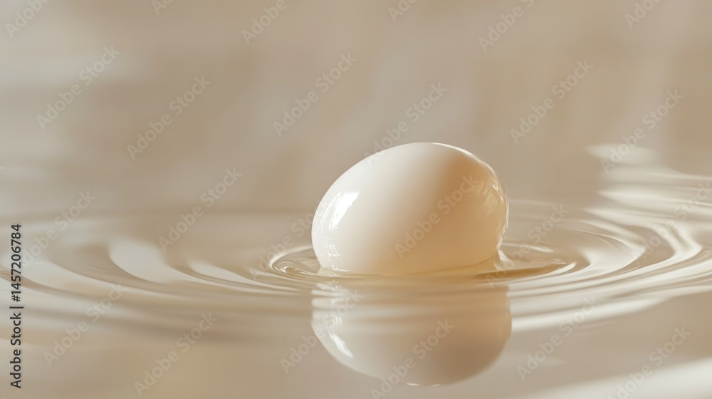A single white sphere floating on a reflective liquid surface A single white sphere floating on a reflective liquid surface