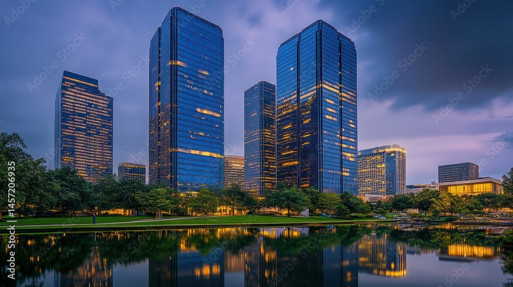 Modern city skyline reflecting in calm water at twilight Modern city skyline reflecting in calm water at twilight