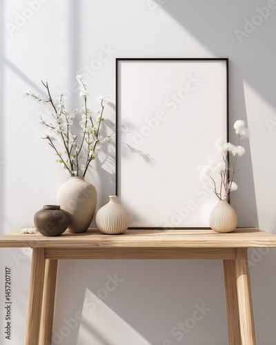 A minimalist white frame sits on a wooden table, accented by elegant vases and blooms