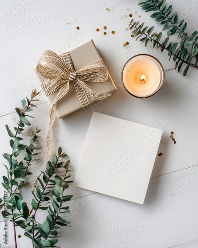 Gift box, candle, and blank card