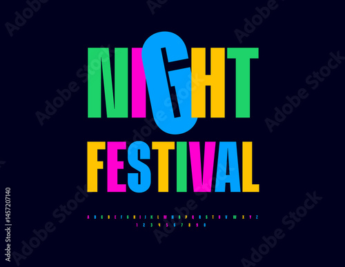 Vector Modern invitation Night Festival. Cool Holiday Font. Colorful Uppercase Alphabet Letters and Numbers set.