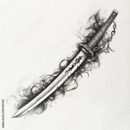 katana, draw, asian, cut, Japan, smoke, black and white, chain, weapon