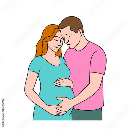 Continuous line drawing silhouette of pregnant woman and her husband who hugs her in the last month of pregnancy. Vector illustration on white background