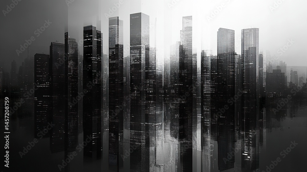 Obraz premium Stunning cityscape landscape showcasing a cluster of skyscraper buildings with reflective glass facades, ideal for modern wallpaper design. 