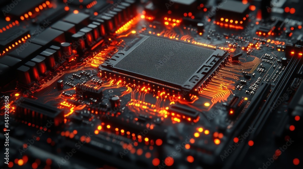 Obraz premium Glowing circuit board with central processing unit in vibrant red light