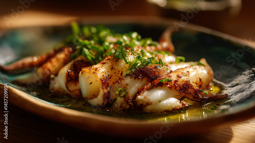 Grilled calamary process with garlic sauce on a ceramic plate, ready to indulge.