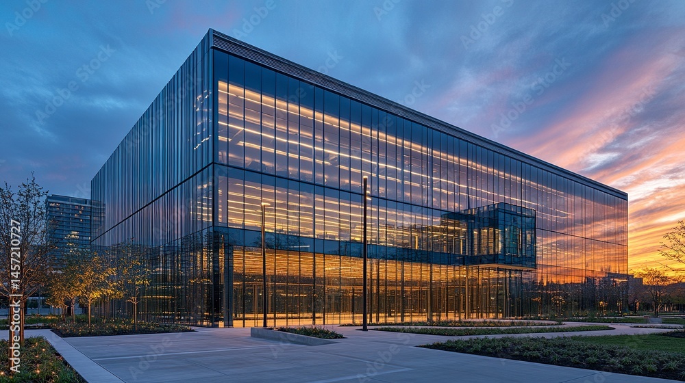 Obraz premium Sunset reflecting on the polished glass walls of a modern office building, creating a harmonious fusion of urban architecture and natural beauty. 