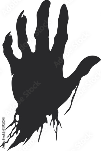 Eerie silhouette of a hand with gnarled fingers reaching out from the dark, casting a spooky feeling on a black background.