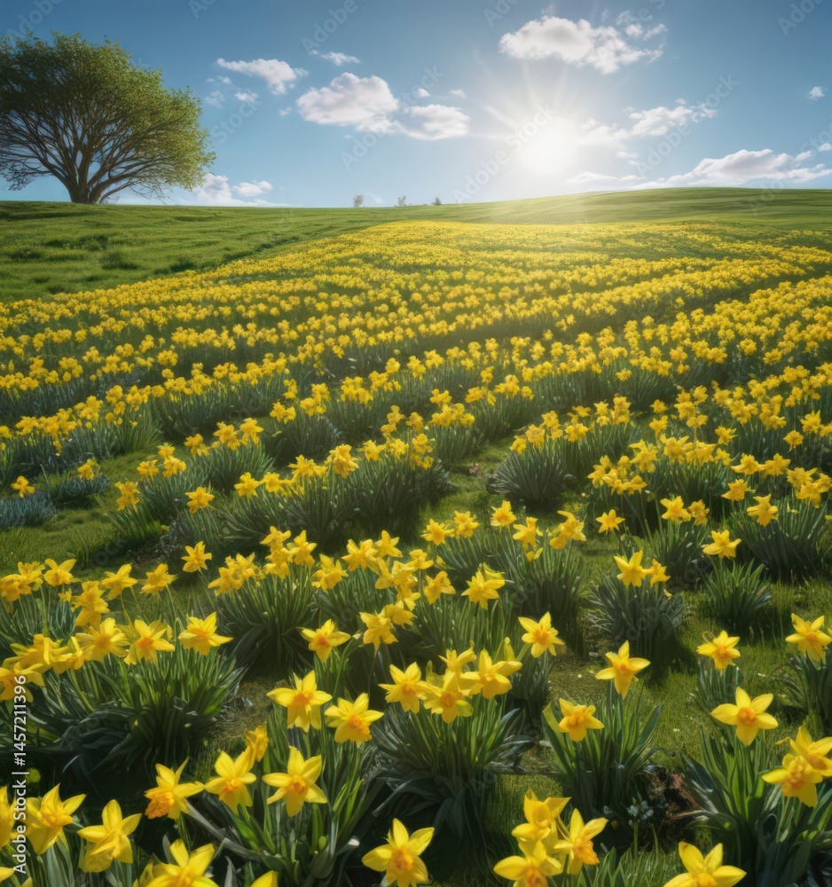 Fototapeta premium A carpet of cheerful yellow daffodils blankets a lush green field bathed in sunlight, clear blue sky above , image, botany