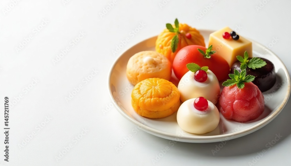 Assorted Japanese sweets on white, delicate presentation, cake, yokan, sweet Assorted Japanese sweets on white, delicate presentation, cake, yokan, sweet