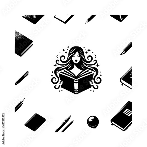 Woman Book Imagination Icon Logo Black Vector