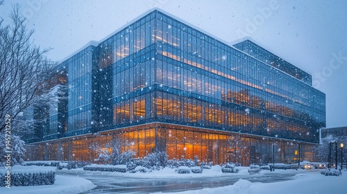 Wallpaper Mural Tall glass office building with snow falling on its reflective windows, blending winter's natural beauty with urban architecture.  Torontodigital.ca