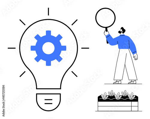 Light bulb with gear symbolizing innovation, man holding magnifying glass near garden. Ideal for teamwork, creativity, solutions, research, growth, innovation, simple landing page