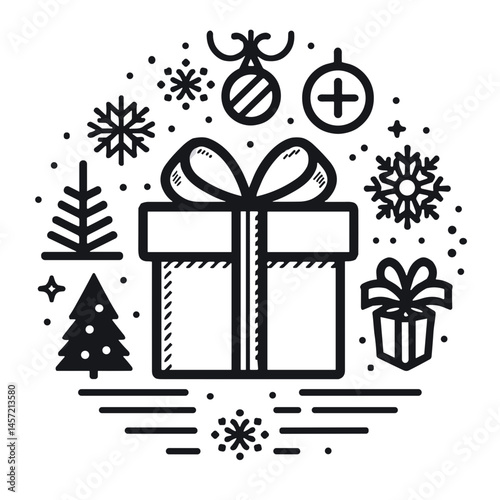 Vector illustration of a holiday gift surrounded by Christmas decorations and snowflakes on transparent background for festive celebrations and holiday season concepts