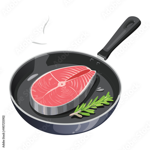 salmon steak on frying pan - vector illustration