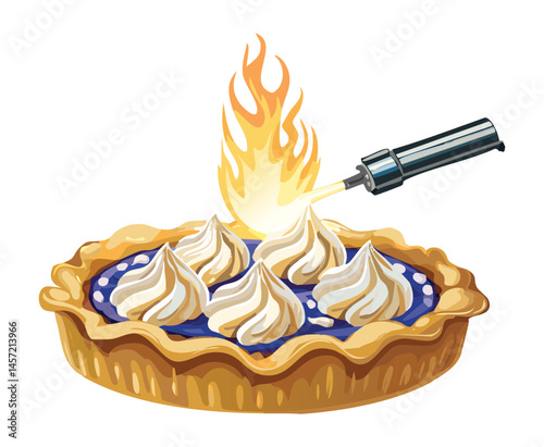 torching meringue on pie - vector illustration