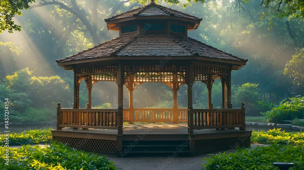 A romantic gazebo in a misty park with sunlight streaming through the fog