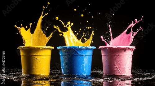 Colorful paint splashing up from containers of yellow, blue, and pink. Black backdrop