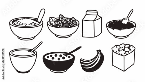 Outline drawing of breakfast foods including cereal bowls, banana, milk carton, and popcorn box created with generated ai