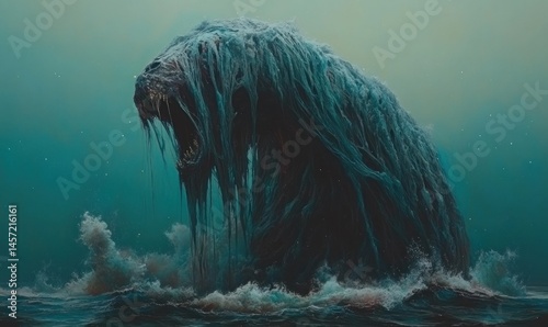Sea monster emerging from ocean depths, stormy background, fantasy art, ideal for horror games