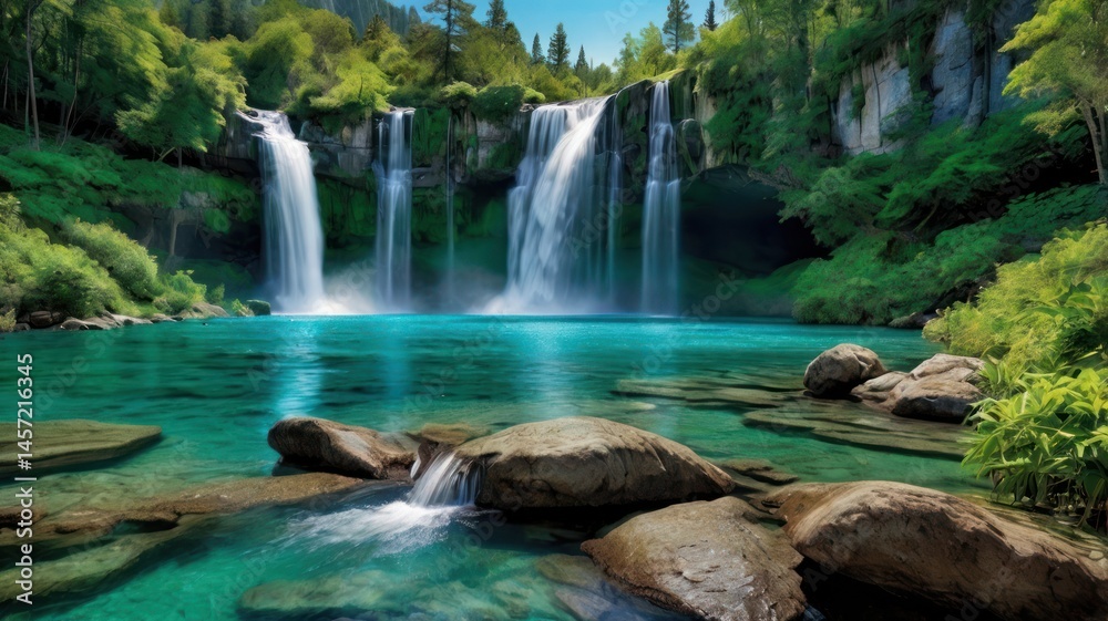 Fototapeta premium Lush waterfall cascading into a tranquil turquoise pool, surrounded by dense greenery