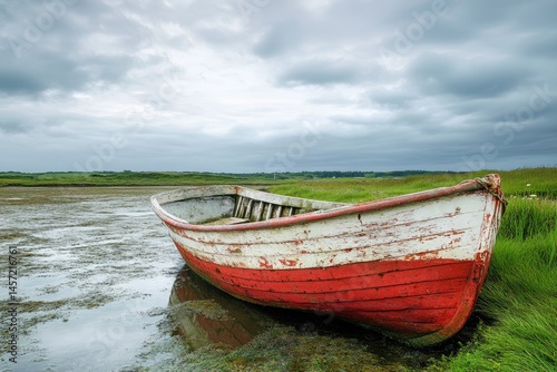 Old, weathered boat rests on the edge of a calm, murky waterway, under a cloudy sky