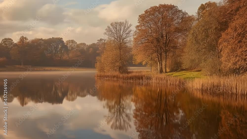 Autumnal Lake Reflections with Tranquil Water and Orange Foliage on Cloudy Day Autumnal Lake Reflections with Tranquil Water and Orange Foliage on Cloudy Day
