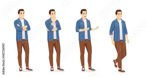 Set of young handsome man poses wearing casual clothes in half turn view. Isolated vector illustration