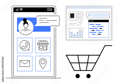 Smartphone screen with user profile, app icons for contact, shop, location, email, analytics dashboard, shopping cart. Ideal for retail, technology UX design analytics marketing commerce simple