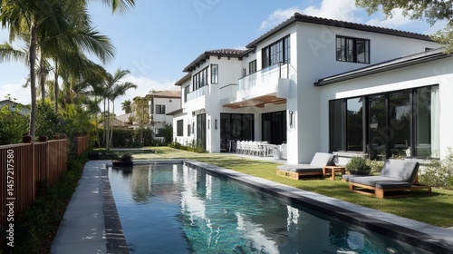 Wallpaper Mural Elegant backyard of Miami house with short grass pool white walls blue sky palms and loungers Torontodigital.ca