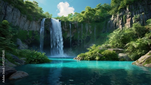 Lush waterfall cascading into a turquoise pool, surrounded by vibrant jungle foliage