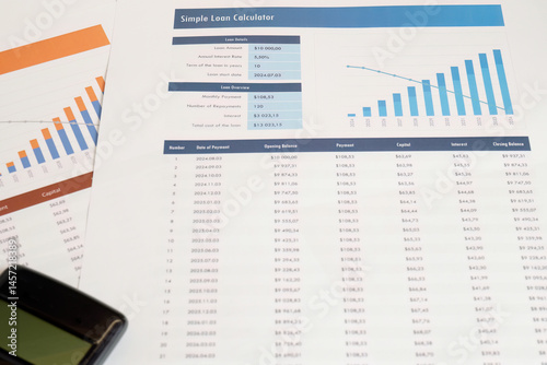 Loan calculator sheet with financial charts and amortization table
