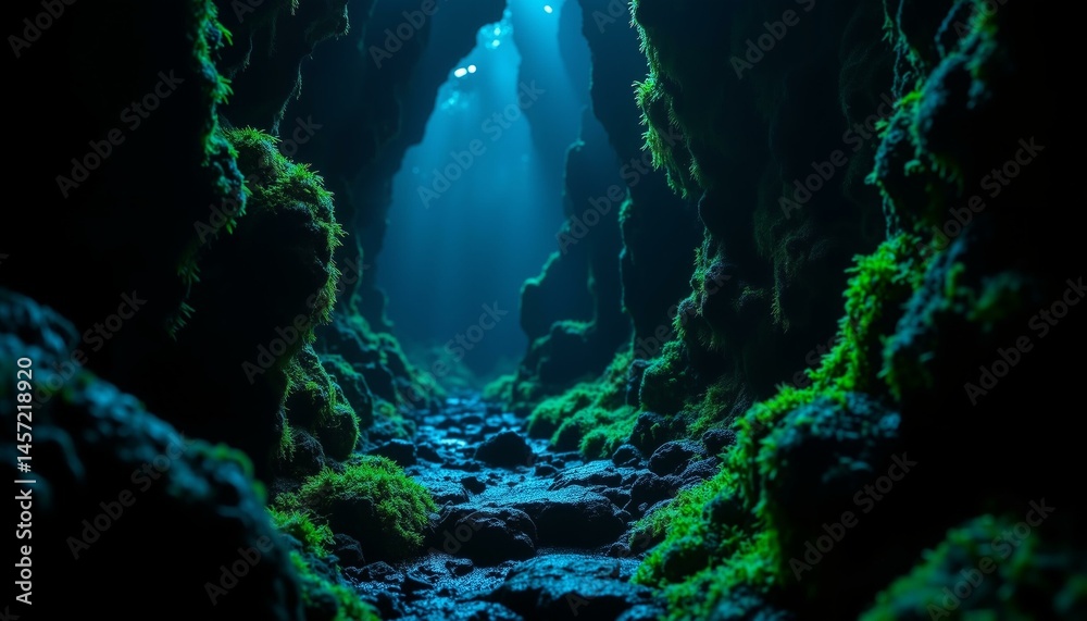 Obraz premium Bioluminescent moss glows on basalt columns in a dark cavern, revealing intricate patterns and hidden beauty.