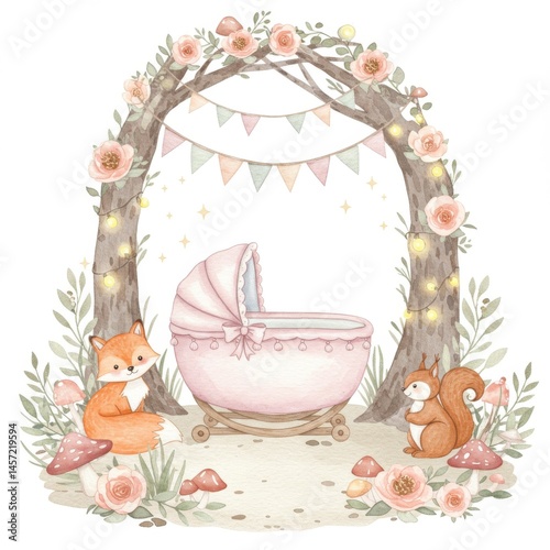 Pastel Watercolor Baby Crib with Fox and Squirrel