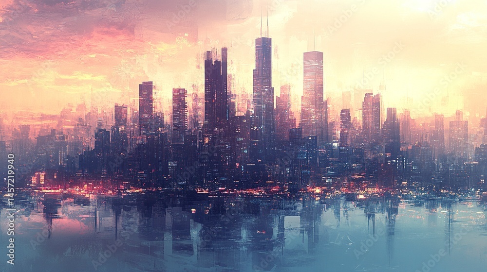 Fototapeta premium Wide cityscape wallpaper with towering skyscrapers and elegant designs, offering a modern and captivating urban landscape. 