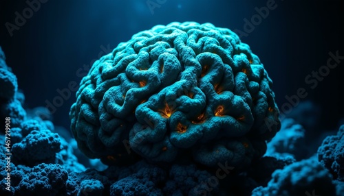 Massive brain coral glows with algae patterns in a dark, underwater trench environment.