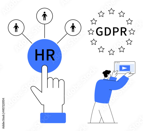 GDPR compliance in HR, illustrating data protection and policy adherence. Includes HR icon, user icons, GDPR stars, and a person holding a tablet. Ideal for HR tech, privacy, training digital